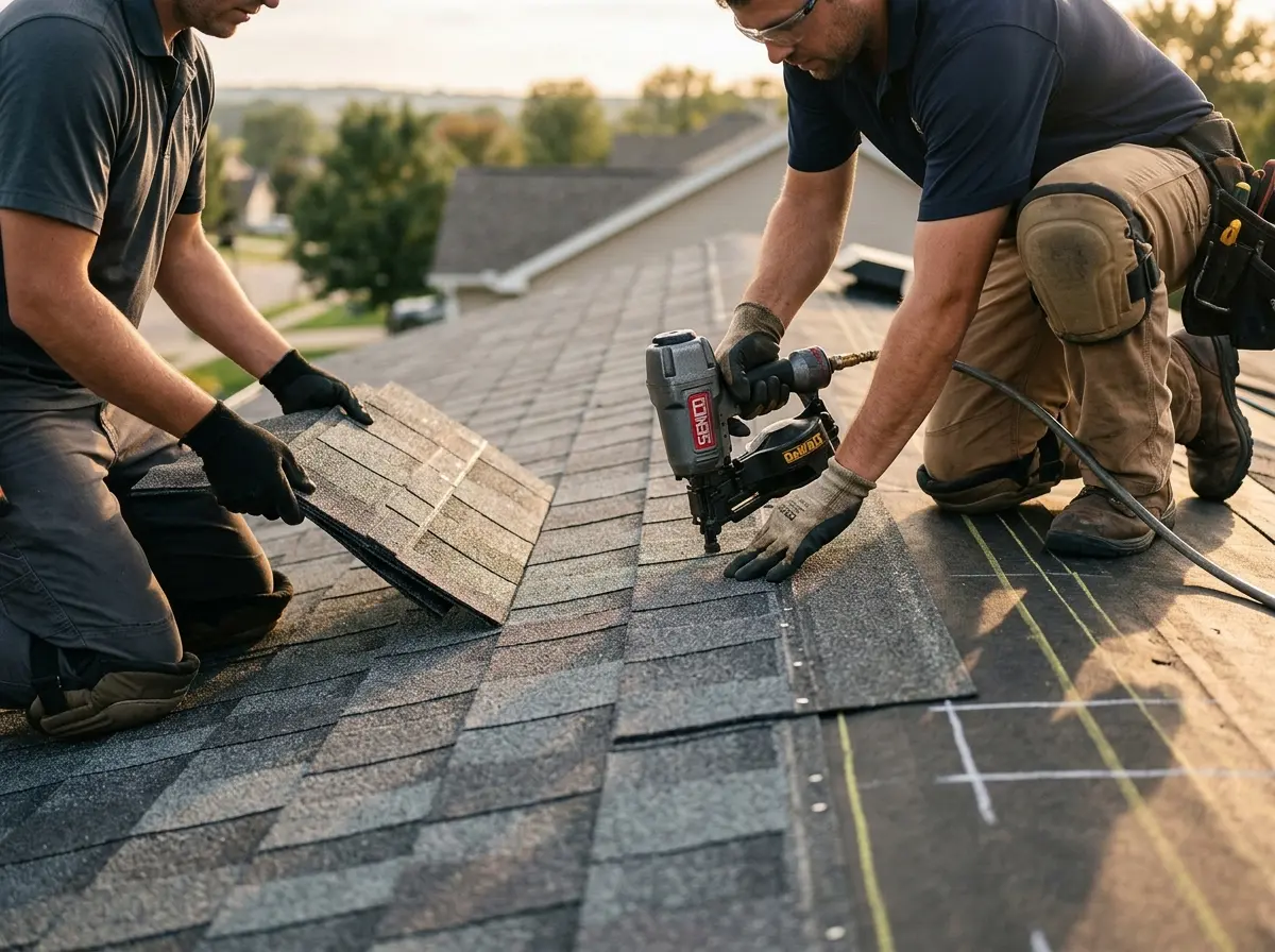 Professional roofer working on a residential roof in Helena Valley Northwest